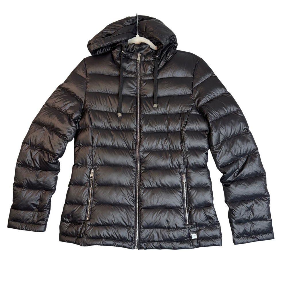 Andrew Marc Packable Lightweight Down Puffer Jacket Womens M Black Hooded Chic
